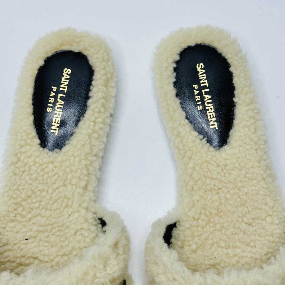 NIB Saint Laurent YSL Tribute EU 37 US 7 Slip On Flat Sandals Beige Shearling - Picture 7 of 9